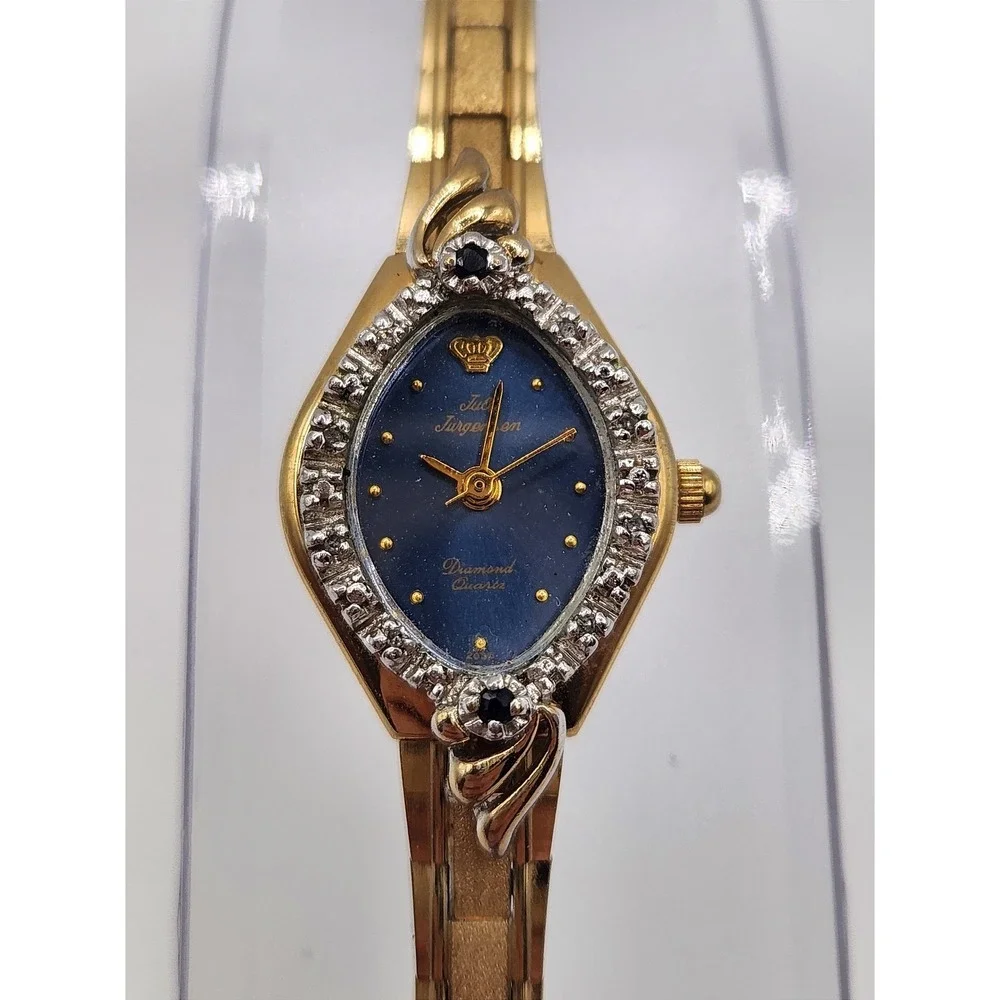 Jules Jurgensen Watch Gold Tone Link Band Diamond Quartz Marquise Blue Sapphire